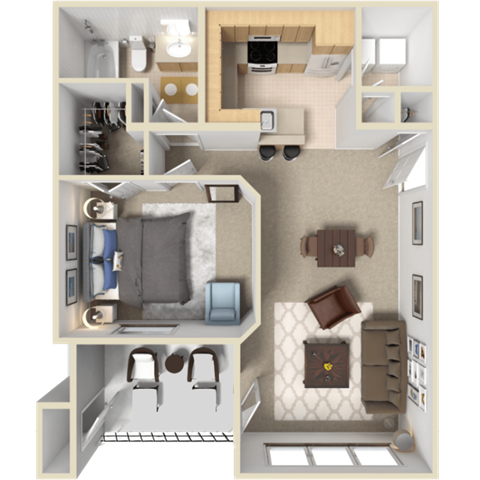 A 3D floor plan of a of one bedroom, one bathroom apartment at Pinnacle Pointe